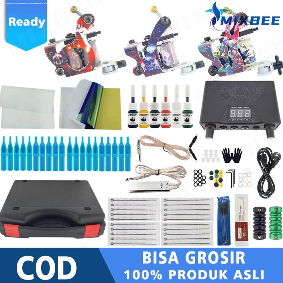 3 Mesin Alat Tatto /Tato Full Set dan kotak peralatan-  Power Tinta Jarum Set Lengkap - Set Tato AST
