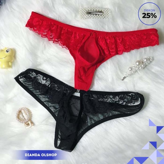 CELANA DALAM PRIA SEXY TRANSPARAN CUTOUT THONG BAHAN LACE Y052 TERBARU