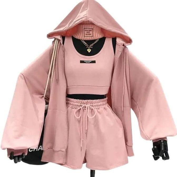 Tersedia Setelan Wanita One set 2in1 Jaket Pants Hitam Tanpa Tanktop Korean Style Sweater Hoodie Zip