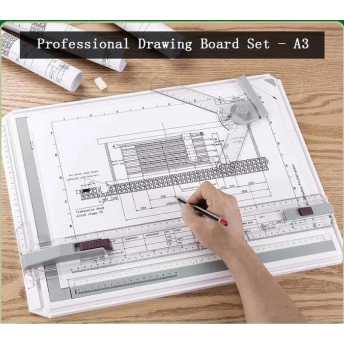 

meja belajar arsitek ukuran a3 plus penggaris set benny sekolah teknik smk drawing board
