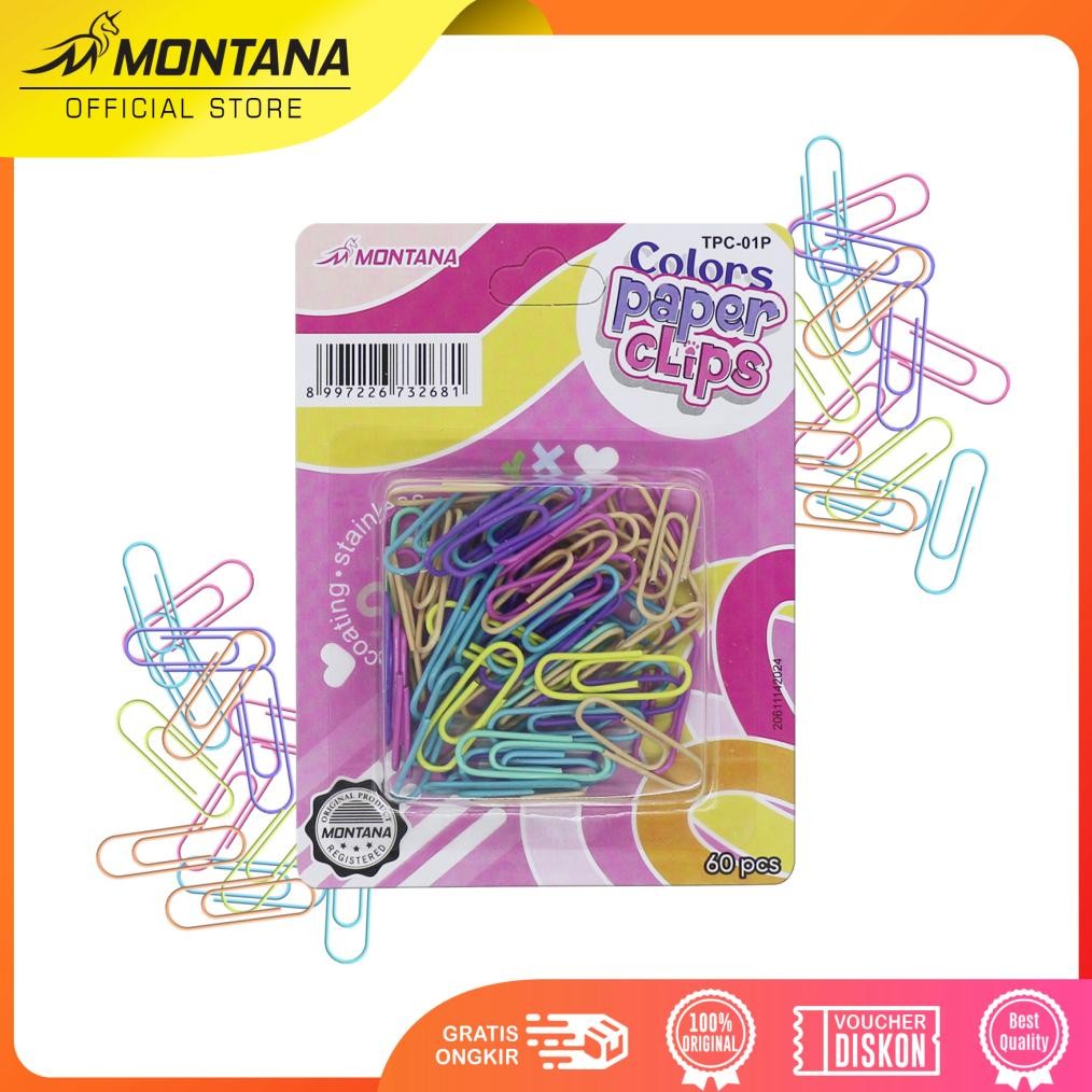 

MONTANA COLORS PAPER CLIP PENJEPIT KERTAS 60 PCS KLIP WARNA WARNI TPC-01P PASTEL RETAIL