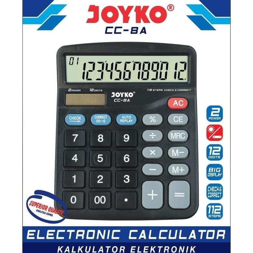 

JOYKO CC-8A Hitam 12Digit - Check & Correct Calculator Kalkulator Bisa Cek Ulang AST