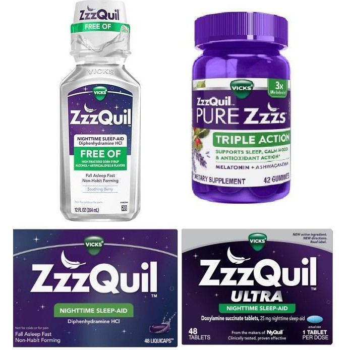 Zzzquil Nighttime Sleep Aid Liquid Triple Action Gummy Melatonin Caps