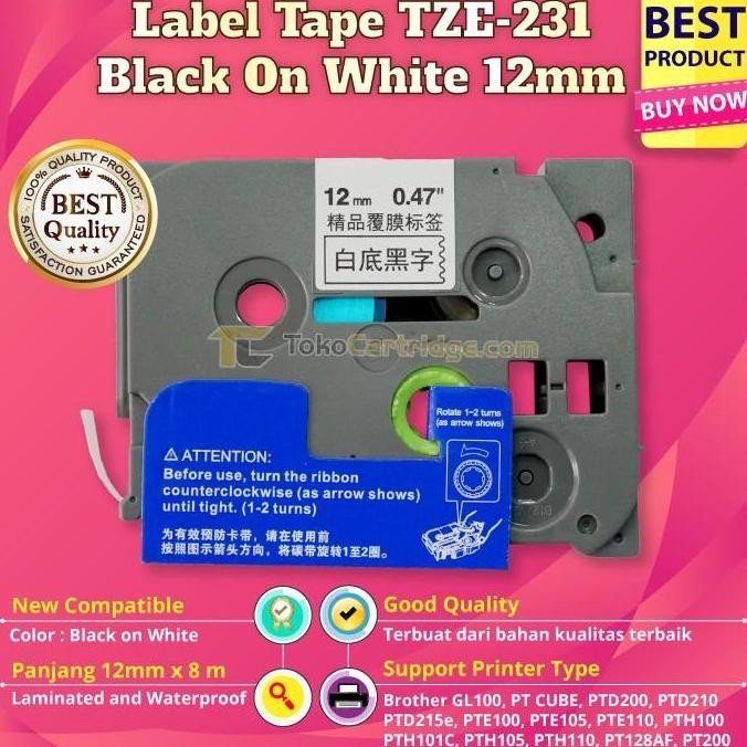 

Label Tape Tze-231 Tze231 231 12Mmx8M Black On White Printer Brther New Stok