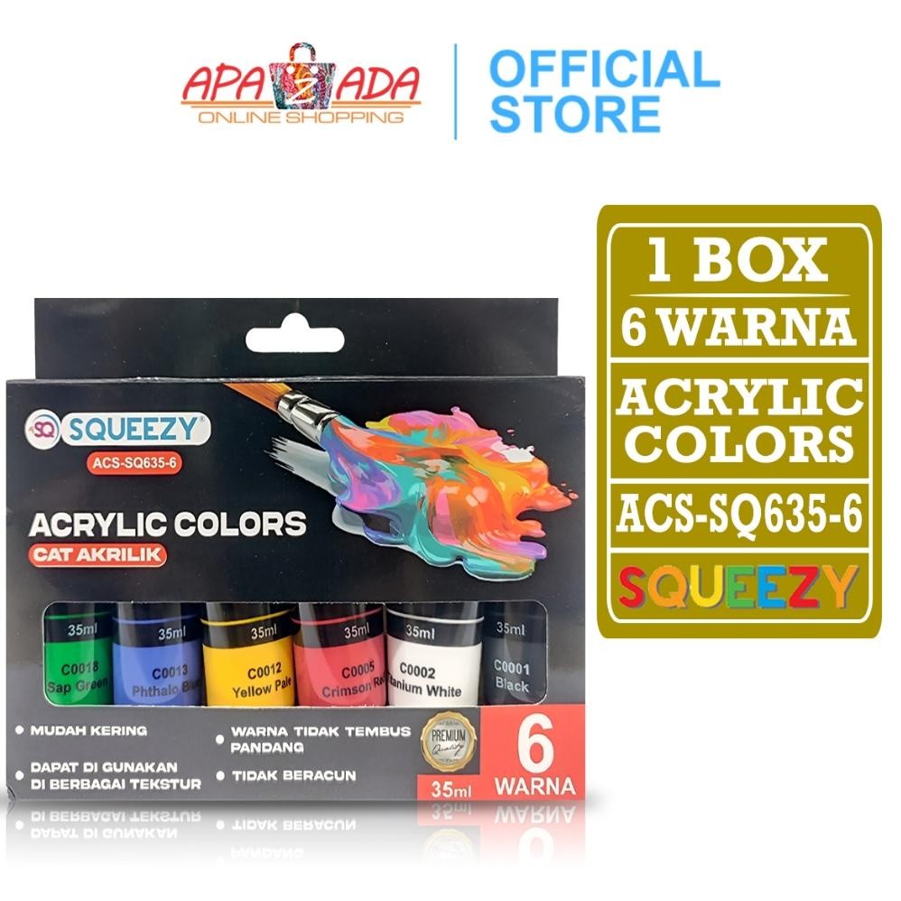 

Apazada - Cat Akrilik 35ml [1 Box - 6 Warna] / Cat Lukis kanvas Akrilik Squeezy ACS-SQ635-6 AST