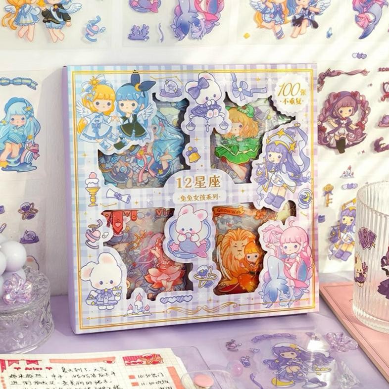 

( KKM ) ZODIAC Sticker Sticker Box NONO / MOMO 2D Dekorasi Anak perempuan Journal Aesthetic / Jurnal Binder Stiker Box 1 Set isi 100 Lembar Waterproof Anti Air AST