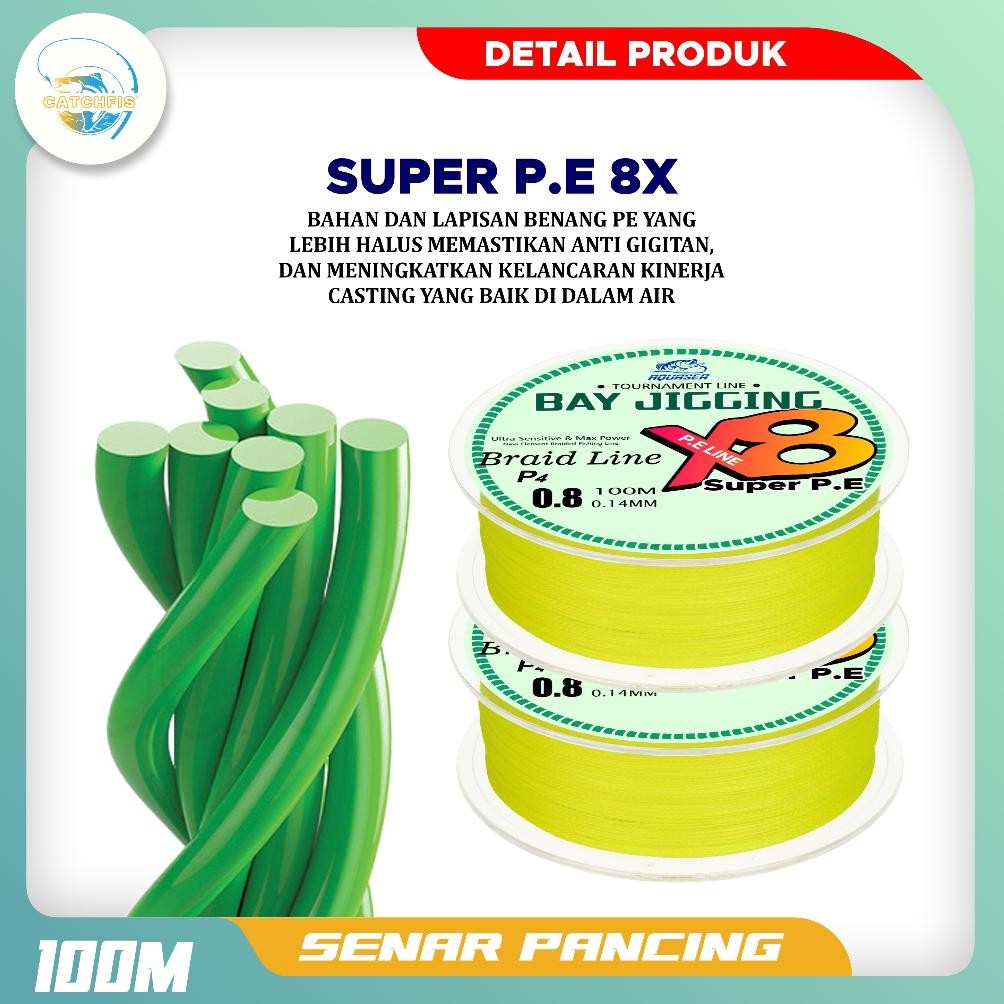 CatchFis - Senar Pancing Pe Warna Kuning 100M Pe Fishing Line Strength 5.5Kg-18Kg Sangat Kuat Senar 