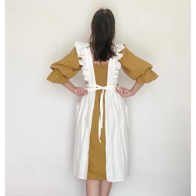 Elle Ruffle Apron / Apron Linen / Celemek Korea Jepang / Pinafore Cottagecore