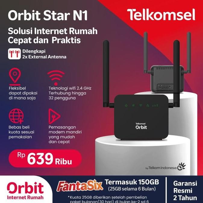 Telkomsel Orbit Star N1 Modem Wifi 4G High Speed Free 150Gb + Antena New Stok