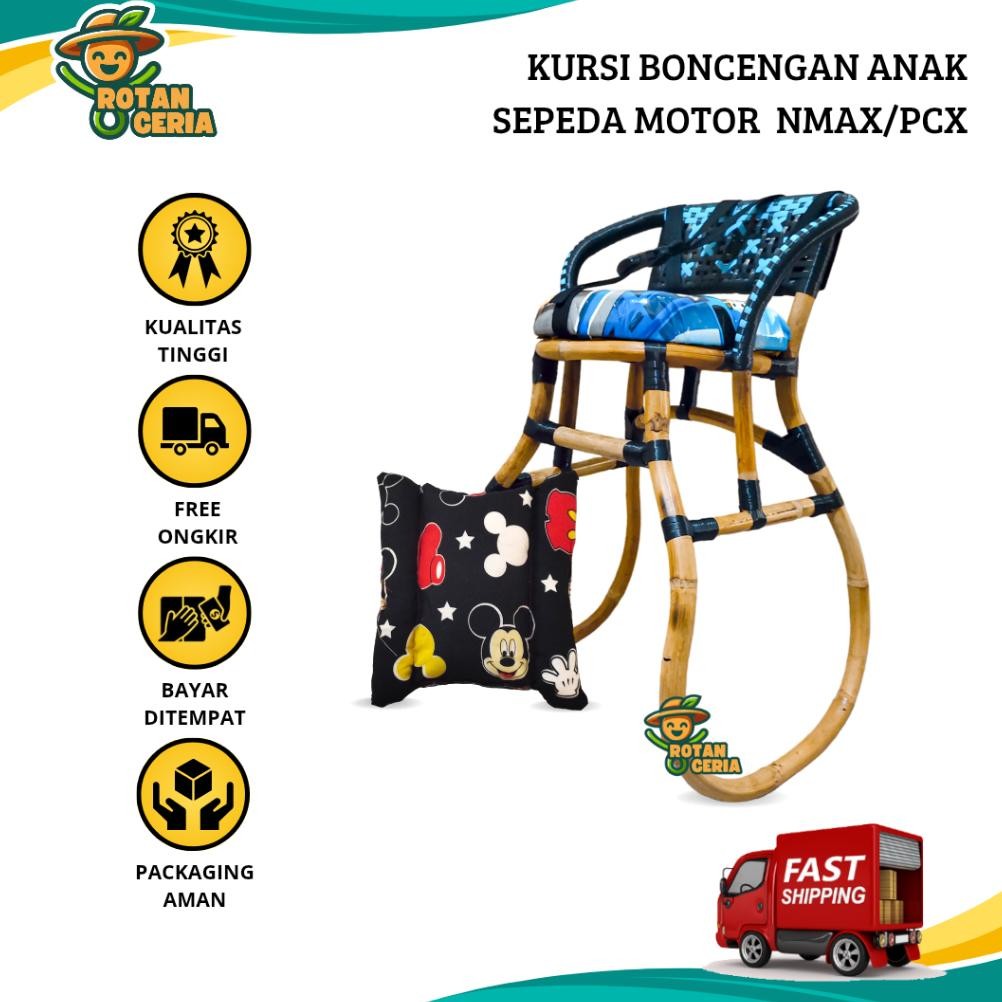 Kursi Boncengan Motor NMAX/PCX untuk Anak Tidak Full Anyaman Jok Karakter GRATIS BANTAL STANG AST