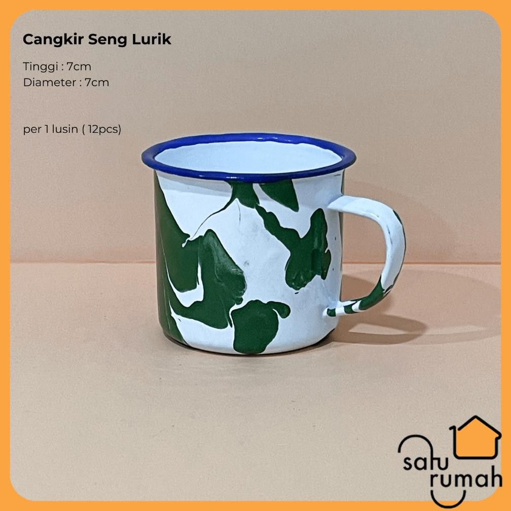 1LUSIN ATAU 6PCS CANGKIR SENG LURIK 7CM / CANGKIR JADUL / GELAS ENAMEL GAGANG MUG WARUNG / SET GELAS