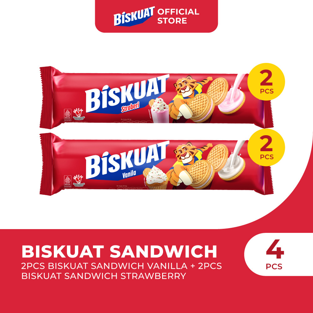 

Bundle Biskuat Sandwich | 2 Pcs Biskuit Isi Krim Vanilla + 2 Pcs Isi Krim Stroberi | Paket Hemat Cemilan Snack Anak & Keluarga Biskuit Crackers Manis