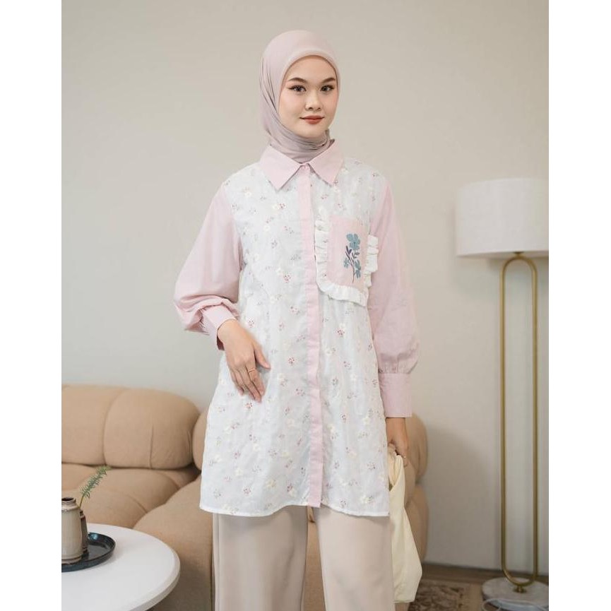[Bestseller] Mayoutfit Ibella Tunic | Tunik Kombinasi Katun Floral Print Bordir Embroidery Saku Ruff
