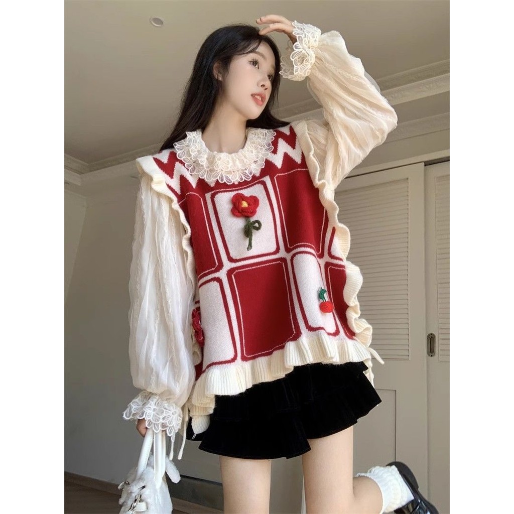 Set Tiga Bagian: Sweater Rajut Dasi Rompi Blus Lengan Panjang Renda Rok Lipit