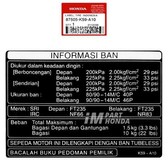 87505-K59-A10 Label Tire Stiker Informasi Tekanan Angin Ban Vario 125 150 Led 2015 - 2017