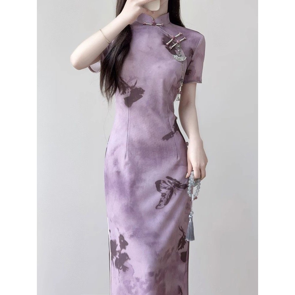 Gaun Cheongsam Ungu Cetak untuk Wanita, Gaun Gaya Cina Baru yang Elegan untuk Wanita