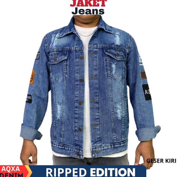 AQXA Jaket Denim Jeans Pria Motif Sobek Bordir Slimfit Murah Keren Tebal jacket denim fading Casual 