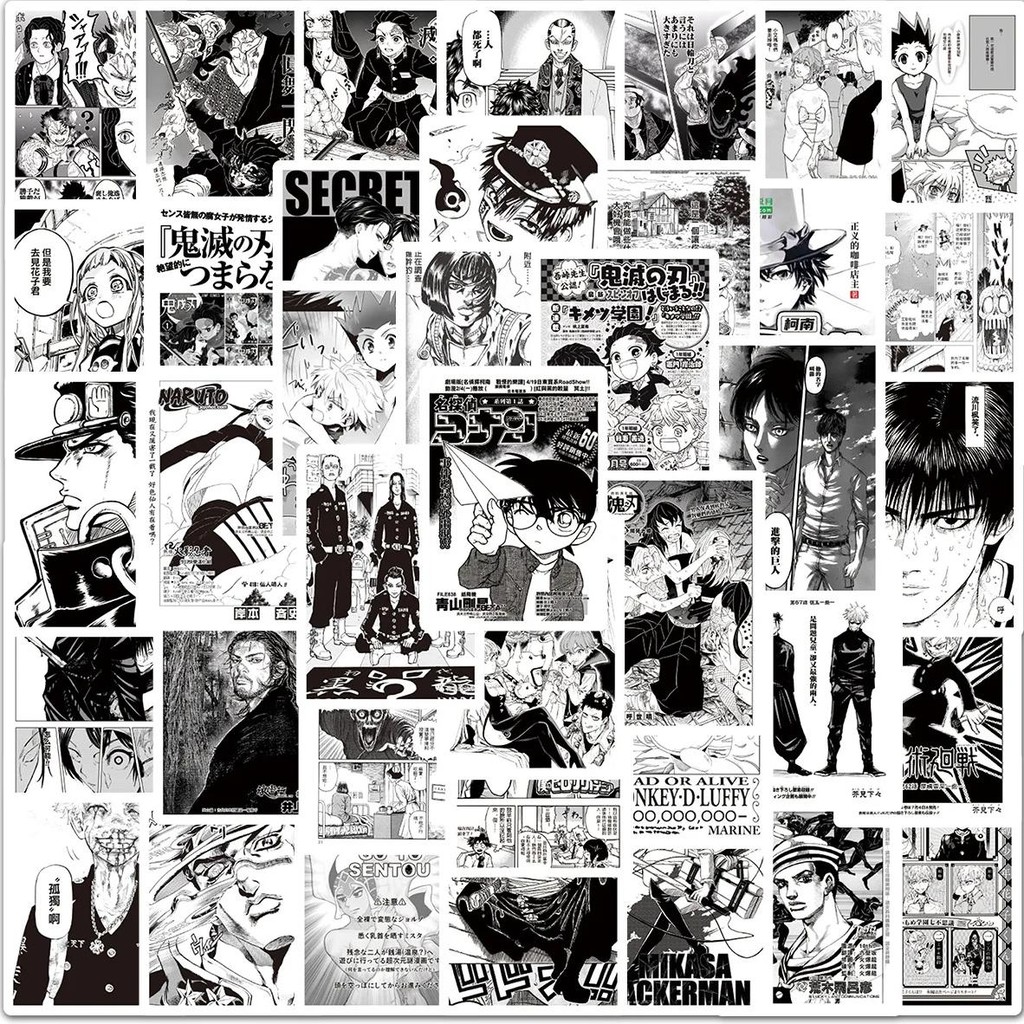

50pcs Black and White Anime Poster Sticker Pack Waterproof Phone Case Cute Laptop Skin Kawaii Packaging DIY Stationery