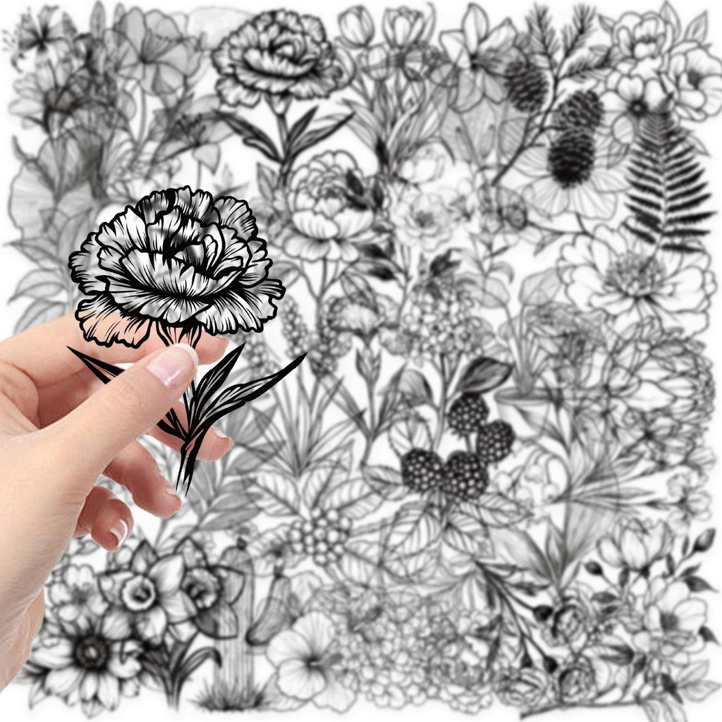 

50pcs Black and White Plants Pattern Stickers Perfect for DIY Phone Cases Water Cups PET Sticker Decoration