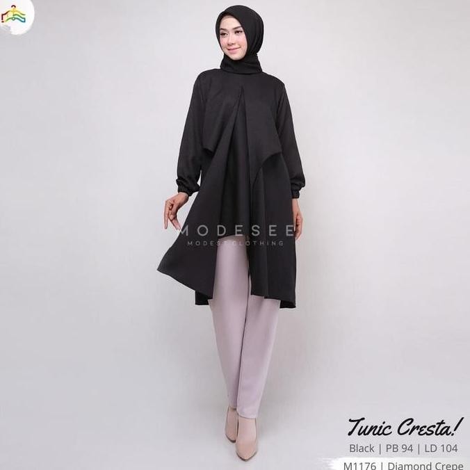 Tunik Panjang Hitam Polos Layer Cresta Wanita Muslim M1176 - COD