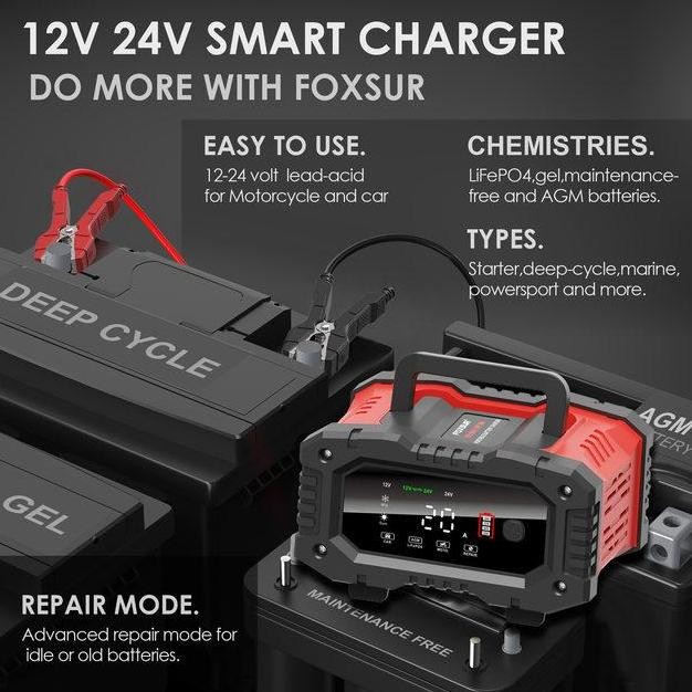 Charger Aki Otomatis 12V 24V 300AH 300W Cas Aki Mobil Motor - Foxsur FPT-200