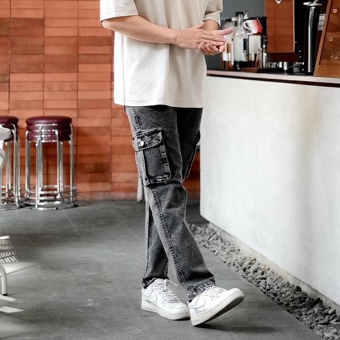 Celana cargo jeans pria street slim fit daps