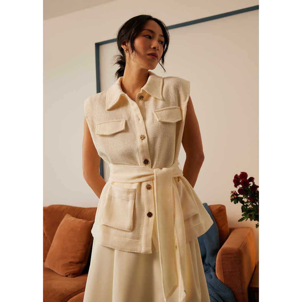 Love Bonito - Vest Wanita - Oversized Belted Tweed Vest - Ivory