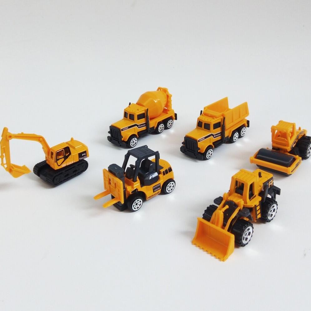 6PCS Mini Metal Die Cast Construction Diecast Konstruksi Engineering Excavator Buldozer Crane Dump A
