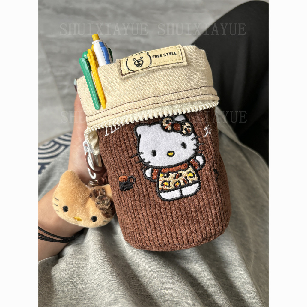 

Corduroy kitty Cute Durable Large Capacity Student Makeup Storage Bag Vertical Flip Pen Holder Stationery Bag