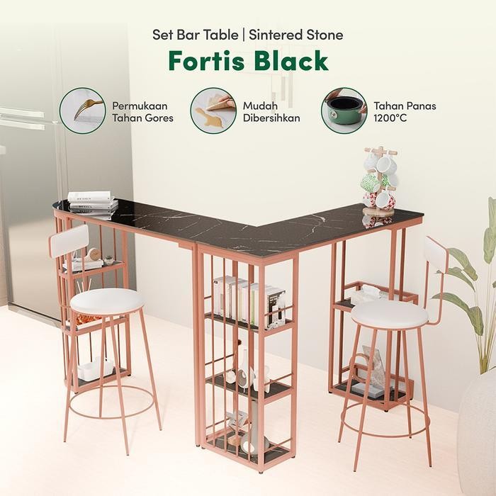 Starlead Set Meja Bar Minimalis Sintered Stone Fortis Black - Bar Dining Table Meja Dapur Mini Tingg