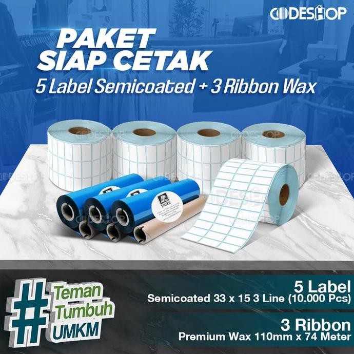

Paket Sticker Label Siap Cetak | 5 Label Semicoated 33X15 & 3 Ribbon Wax 110X74 M Co