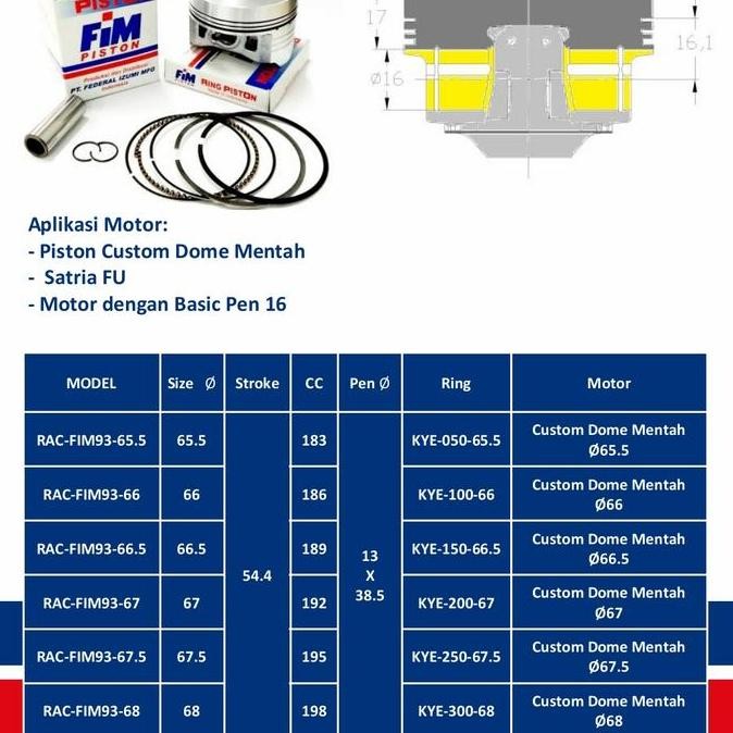 PISTON KIT FIM 93 SATRIA FU 16 65 66 67 68 CUSTOM DOME