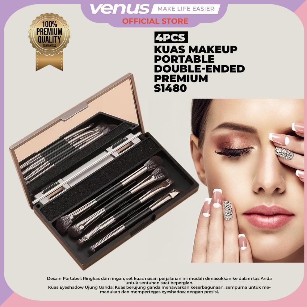 

baru 4pcs kuas makeup travel set + box & cermin - double-ended eyeshadow brush s1480