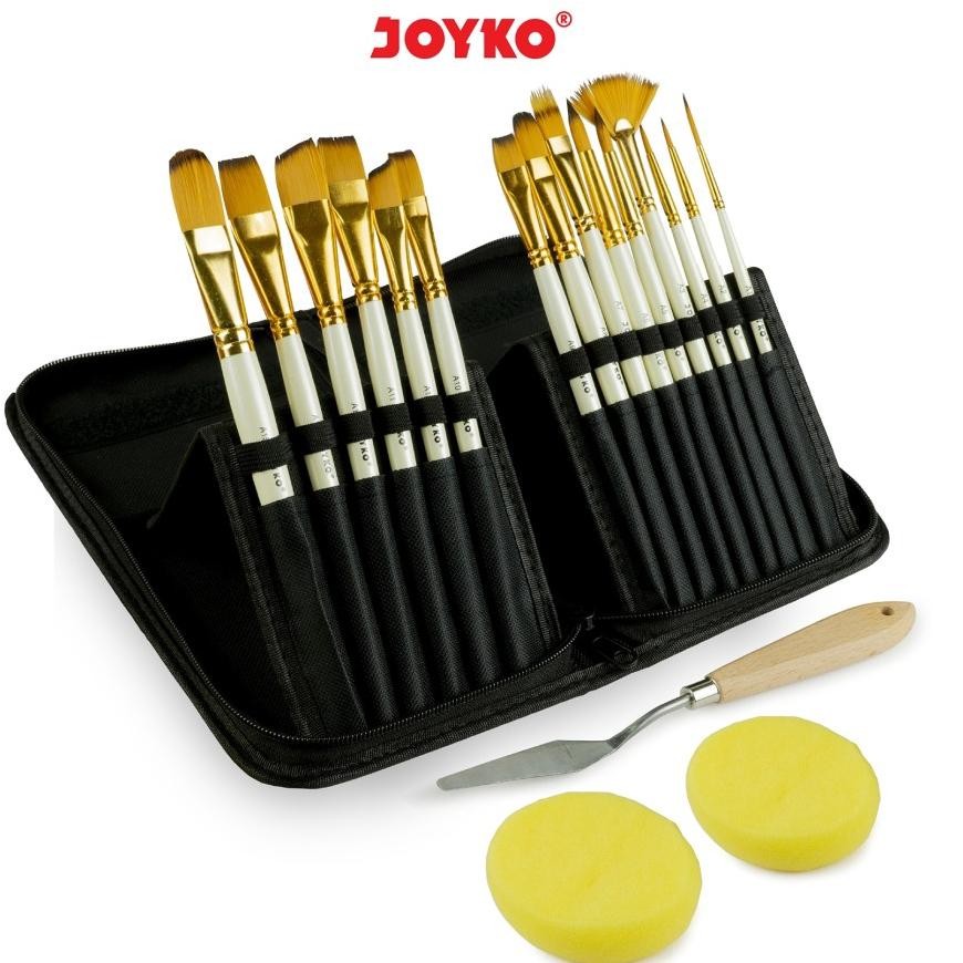 

baru joyko kuas lukis 15pcs + pisau palet + spons + tas - art brush set lengkap