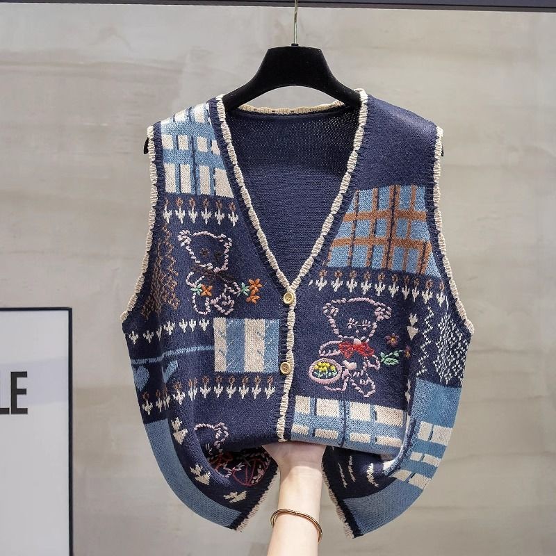 Rompi Cardigan Rajut Serbaguna Longgar Pakaian Luar Sweater Rompi untuk Wanita