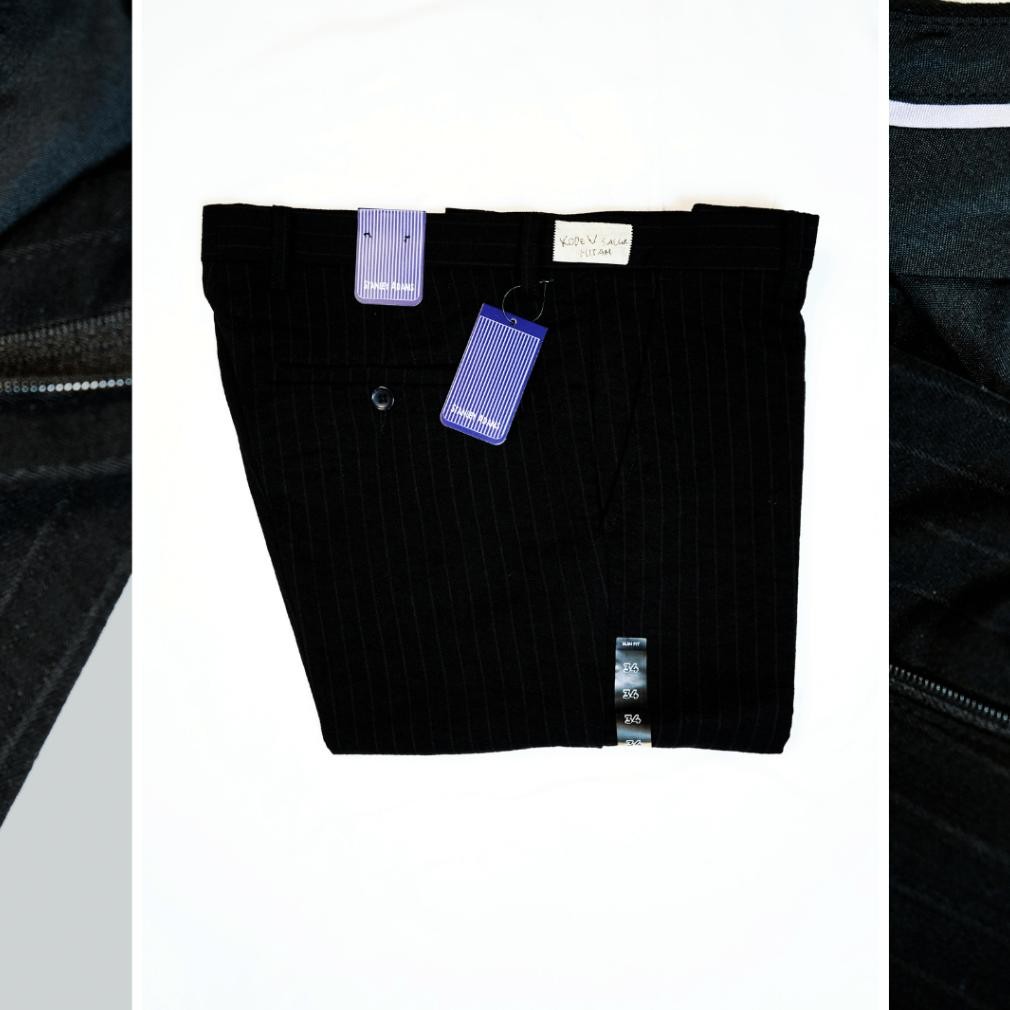 Celana STANLEY ADAMS Panjang Pria Formal Stretch Slim Fit Hitam Bahan Crinkle Motif Garis JunDW