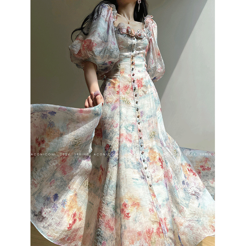 2025New French Retro Dress Summer Slim Waist Tea Dress