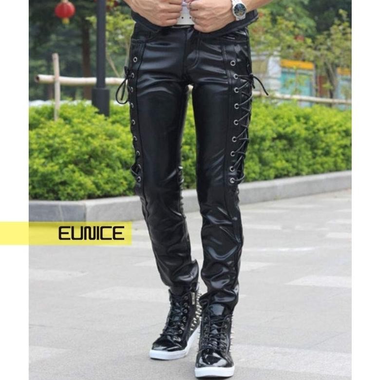 CELANA KULIT PRIA LACE UP FAUX LEATHER PANTS SLIMFIT JunDW