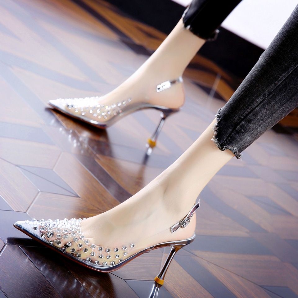 Sepatu Hak Tinggi Wanita Berkualitas Tinggi Transparan Berongga Rhinestone Ujung Runcing Mules Hak