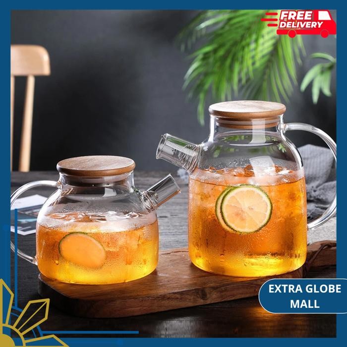 TEAPOT TEKO KACA TUTUP KAYU SARING TEH PITCHER MAKER BOROSILLICATE BEST SELLER 
