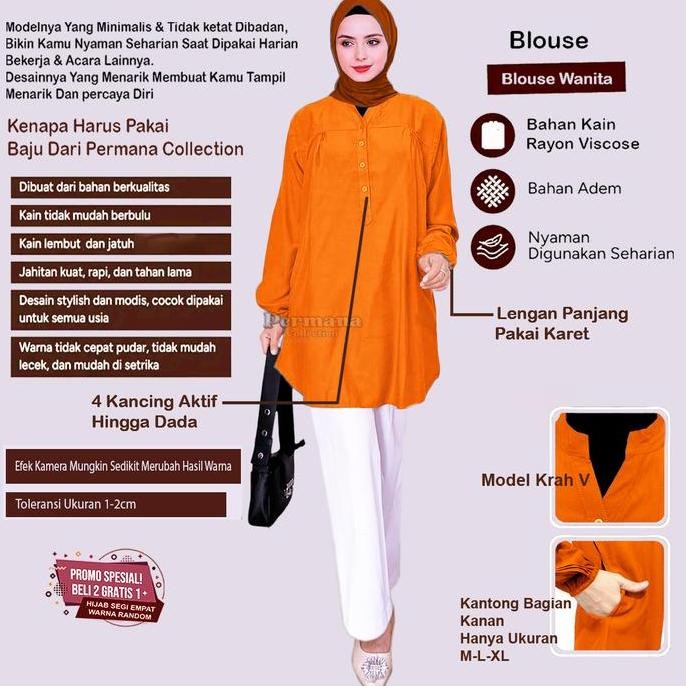 Baju Atasan Blouse Wanita Kemeja Lengan Panjang Orange Jumbo Dewasa Muslim Rayon Nyaman Oversize Bas