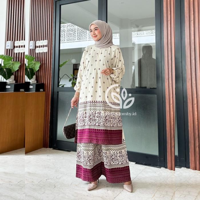 One Set Tunik Velocity Rayon Batik Premium Jumbo Rempel Busui Adem Nyaman Atasan Bawahan Wanita Cela