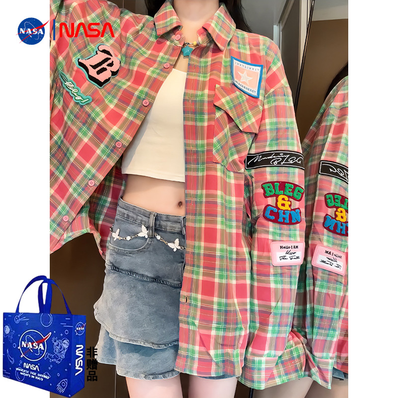 Kemeja Kotak-Kotak Pink Wanita/Jaket Patch Cetak Huruf