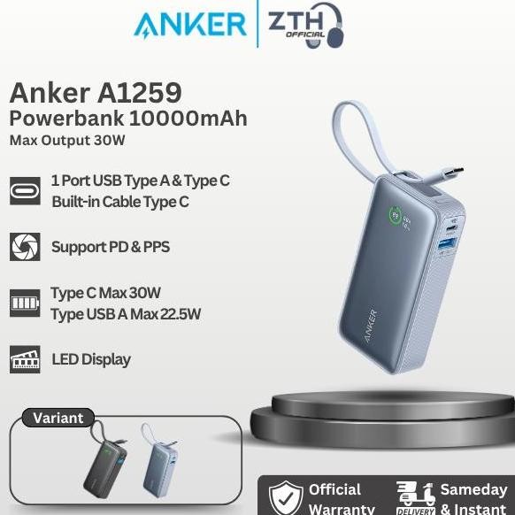 Anker Powerbank Nano 10000Mah 30W 2 Port Usb A/C Cable Type C - A1259