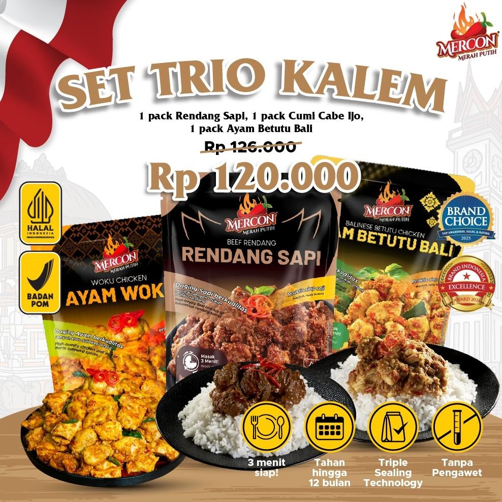 

fgh-56 uk-75 Mercon Merah Putih - Set Trio Kalem || Rendang Sapi + Ayam Woku + Ayam Betutu Murah Murah