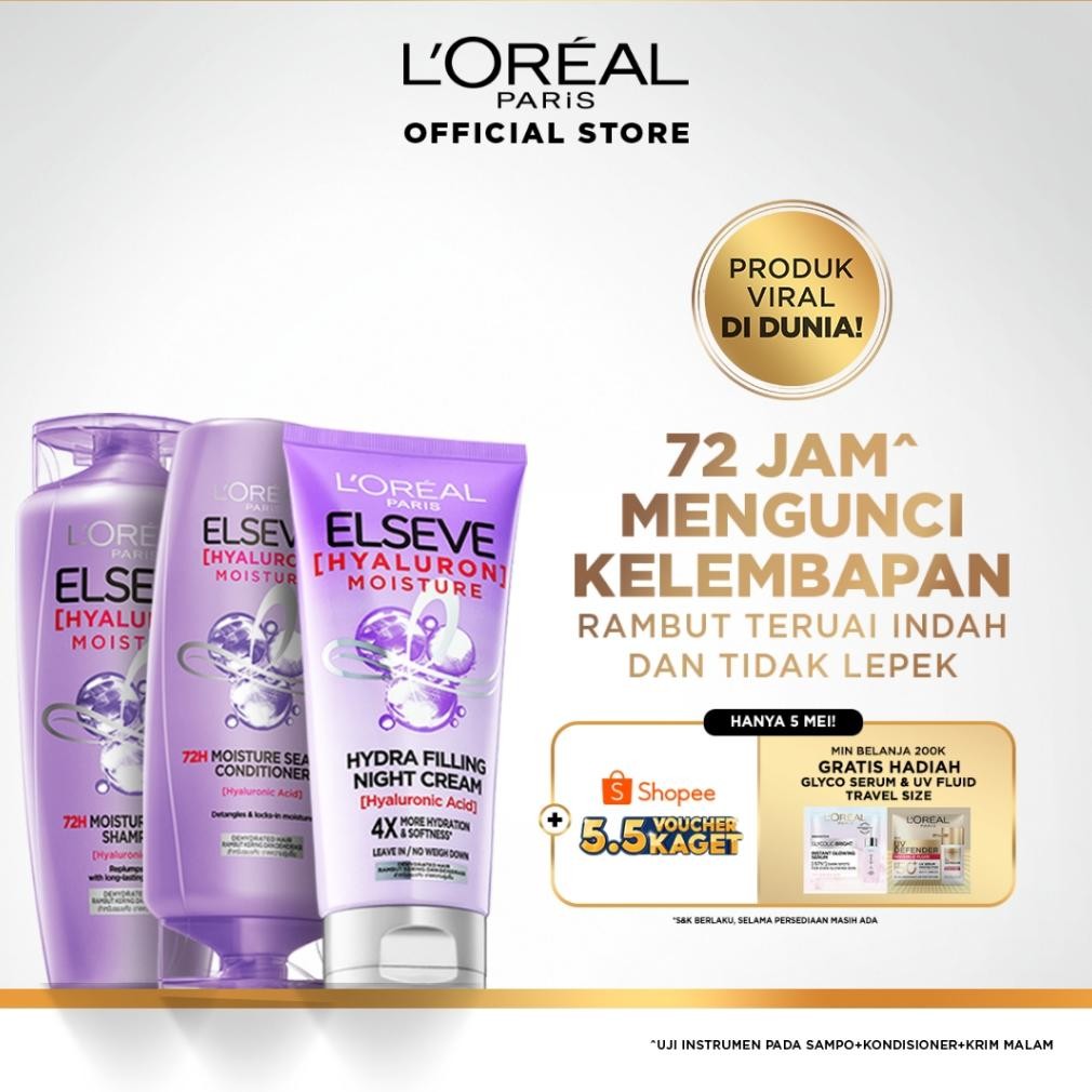 LOral Paris ELSEVE Hyaluronic Shampoo 280ml + Hyaluronic Conditioner 280ml + Hyaluronic Night Cream 