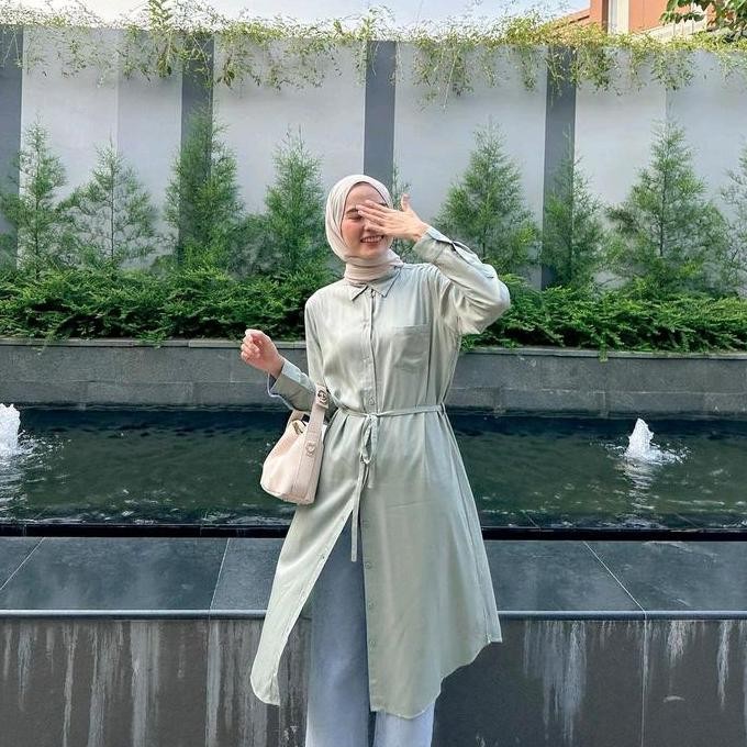 Tunik Kemeja Long Tunik Rayon Twill Akleema By Nurama Wanita Muslim Kerja Panjang - Biru, Hijau