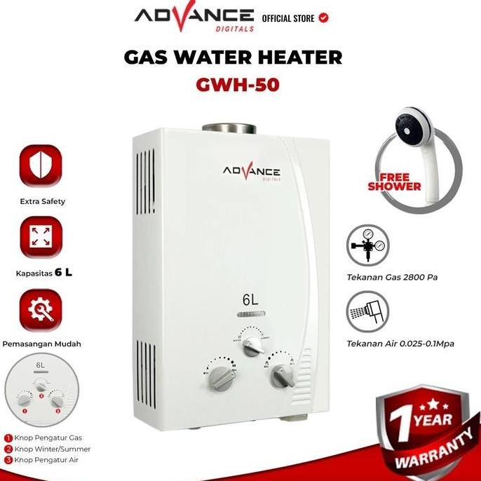 Advance GWH50 Water Heater Gas / Pemanas Air Panas Kamar Mandi - BONUS Kepala Shower & Selang Shower