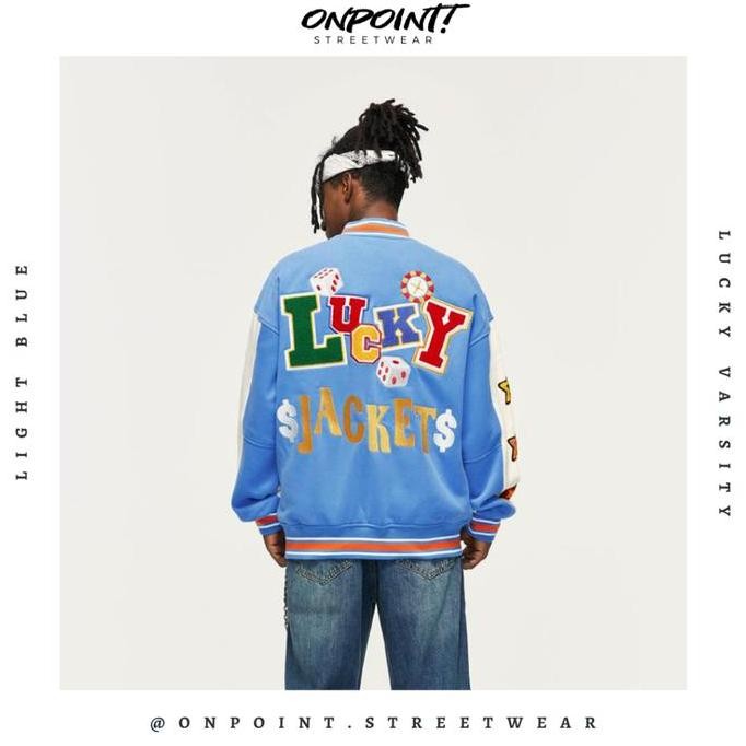 Lucky Varsity (Light Blue) - Jaket Pria Jaket Varsity Pria Varsity Jacket Varisty Baseball Jaket Var