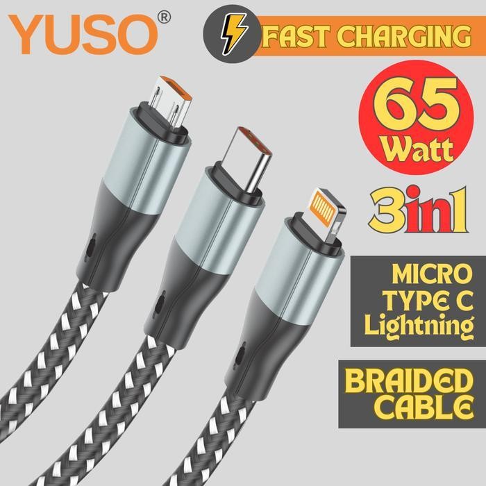 Kabel Charger 3 In 1 Yuso Y86 Braided Iphone Lightning Usb Type C Micro